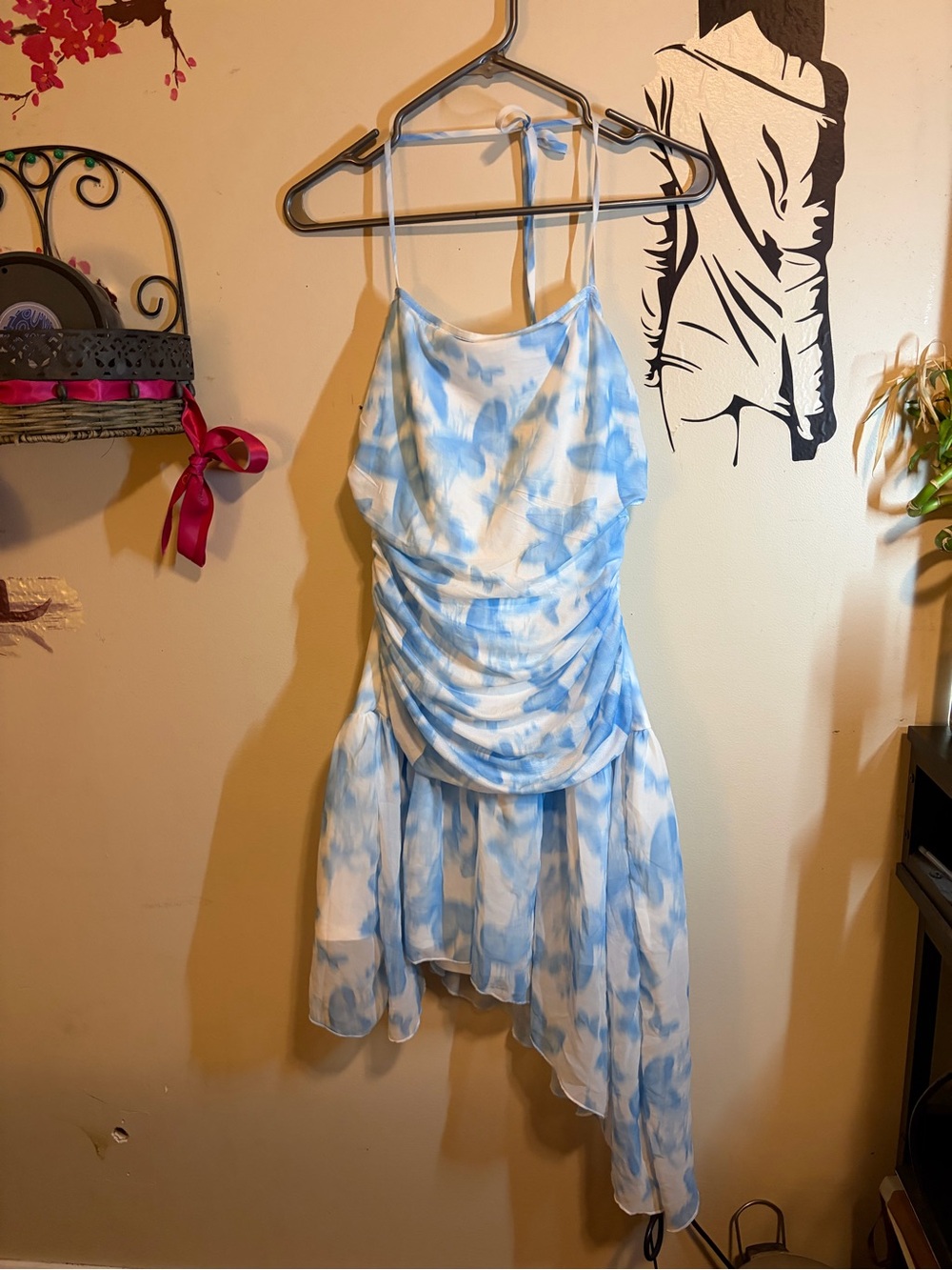 Sky Blue & White Tie-Dye Spaghetti Strap Dress